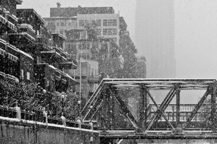 Downtown denver commercial building exterior in a snowstorm