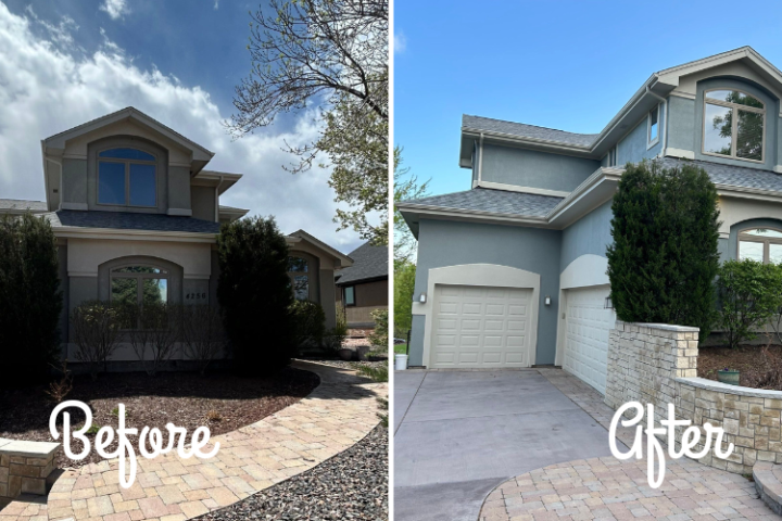 Front of stucco home before and after rhino shield.