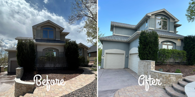 Transforming A Stucco Home In Littleton, Colorado With Rhino Shield Exterior Paint Colors Front of stucco home before and after rhino shield.